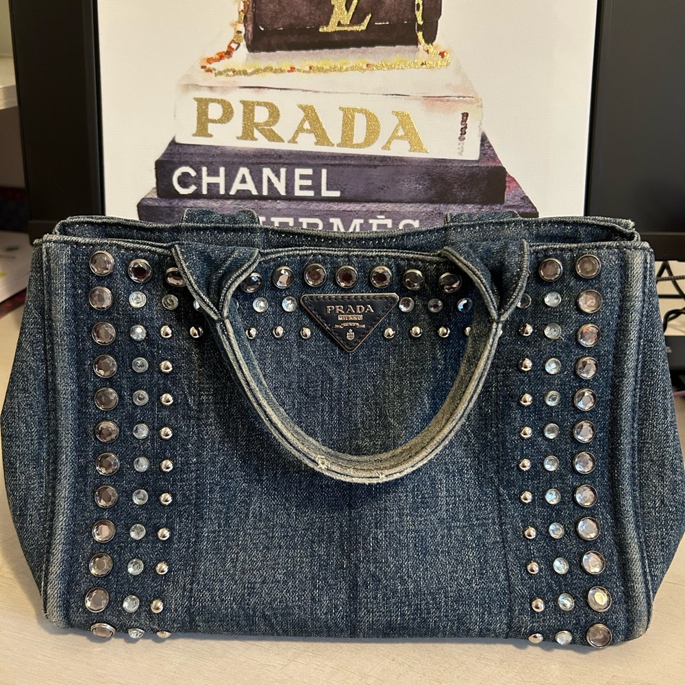 RARE Authentic Prada Canapa Bijou Crystal Denim Tote Handbag - Blue Studded Gem
